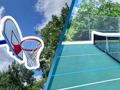 A new basketball goal and new pickleball court shown at improved city parks.