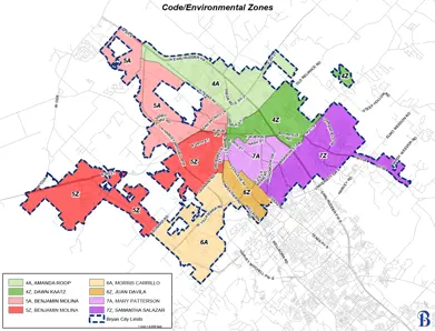 Map of City of Bryan code enforcement zones: 4A AMANDA ROOP, 4Z DAWN KAATZ, 5A and 5Z BENJAMIN MOLINA, 6A MORRIS CARRILLO, 6Z JUAN DAVILA, 7A MARY PATTERSON, 7Z SAMANTHA SALAZAR