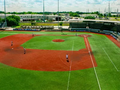 Travis Major Field aerial view of baseball diamond and stands with players on the field