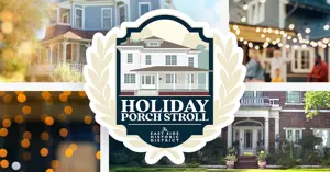 Holiday Porch Stroll logo over a collage of pretty houses.