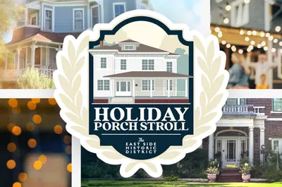 Holiday Porch Stroll logo over a collage of pretty houses.