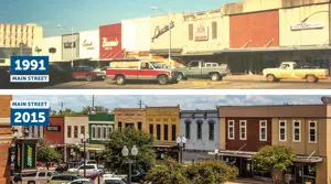 View of Main Street in Downtown Bryan comparing a photo taken 1991 and a photo taken 2015 showing much improvement