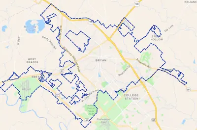 simplified map of Bryan with a border around city limits