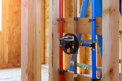 interior of a structure in development with pipes running through the walls and wooden framing