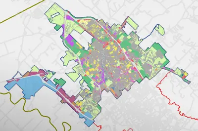 graphical map of Bryan city limits with detailed colors coding different zones