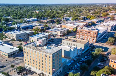 aerial view over historic downtown Bryan