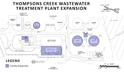 map of the Thompsons Creek Wastewater Treatment Plant Expansion, which includes a new Waste Activated Sludge tank, two new clarifiers, a new RAS pump station, and two new aeration basins