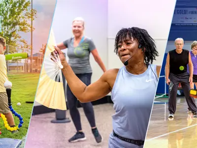 snapshots of various fall programs such as baseball, dance cardio, and pickleball.